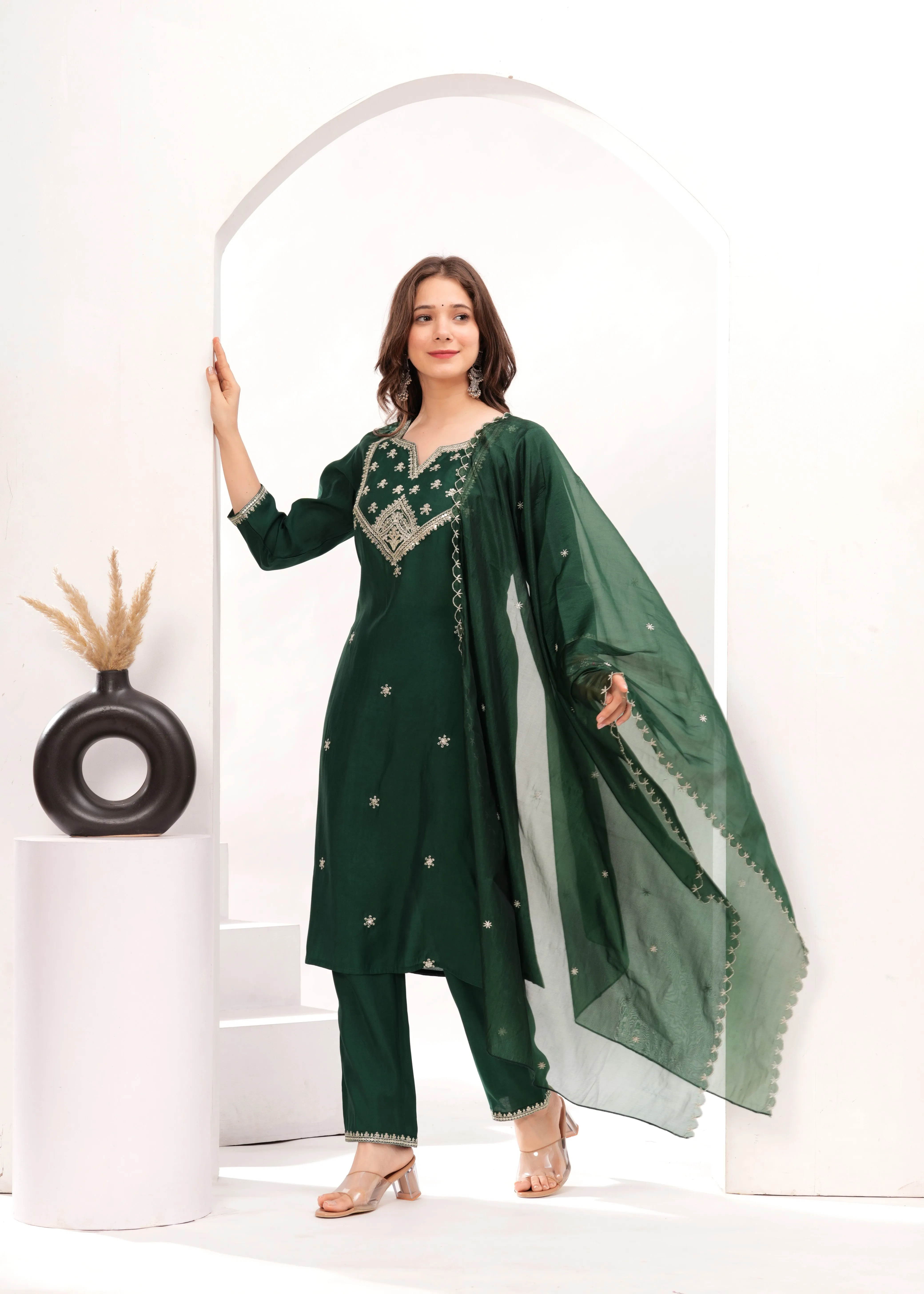 Forest Green Silk Blend Kurta Suit Set
