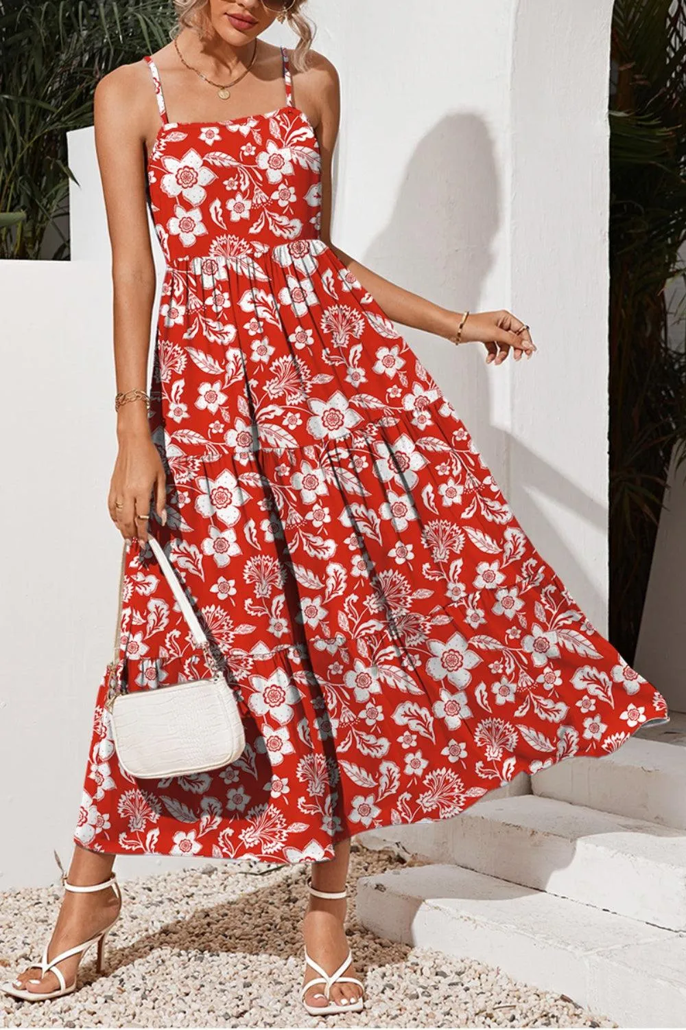 Garden Chic Tiered Square Neck Floral Cami Maxi Dress