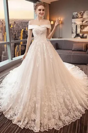Gorgeous Off The Shoulder Lace Cathedral Train Wedding Dresses, Princess Bridal Dresses