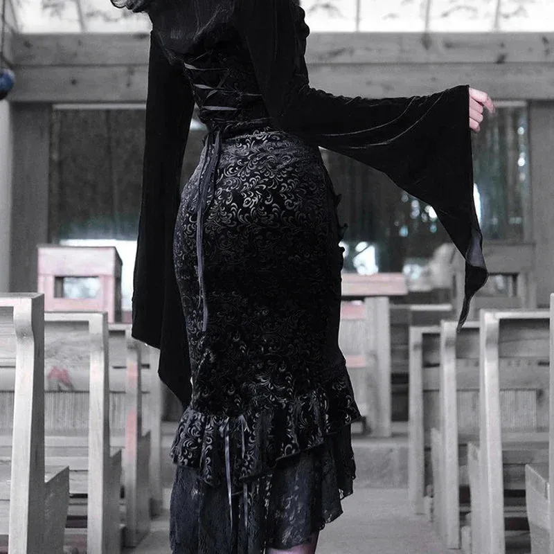 Goth Dark Vintage Mall Gothic Mermaid Grunge Aesthetic Lace Hem Midi Women Elegant Skirt