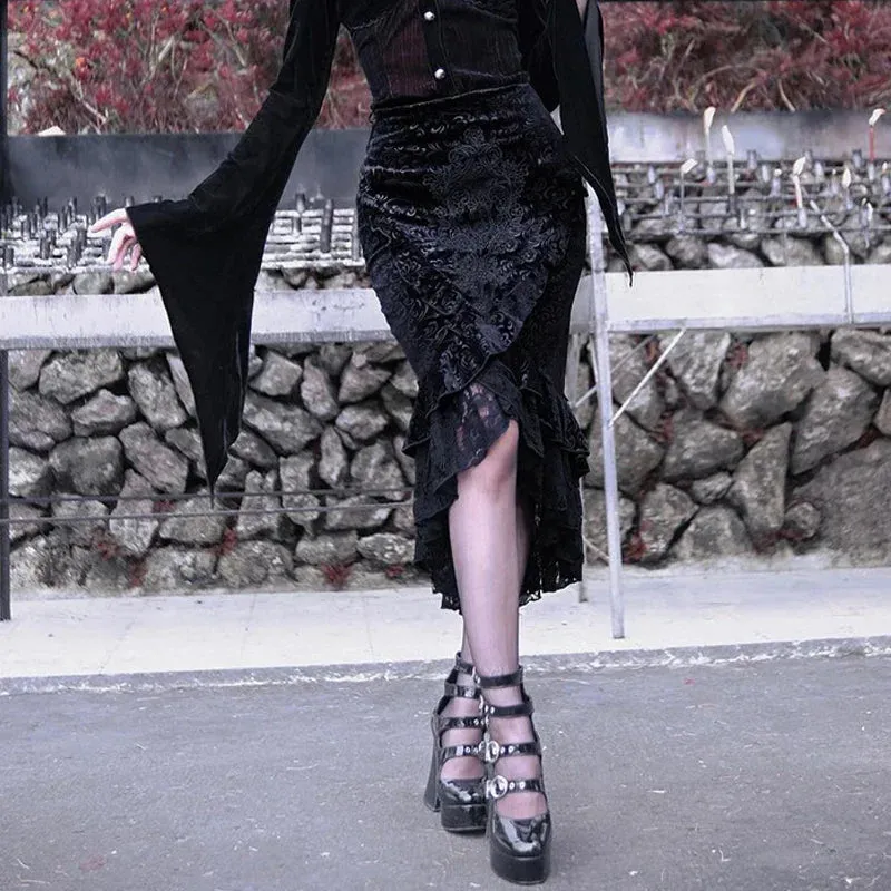 Goth Dark Vintage Mall Gothic Mermaid Grunge Aesthetic Lace Hem Midi Women Elegant Skirt