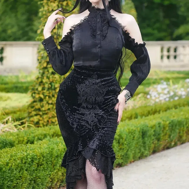 Goth Dark Vintage Mall Gothic Mermaid Grunge Aesthetic Lace Hem Midi Women Elegant Skirt