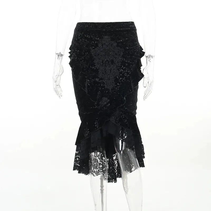 Goth Dark Vintage Mall Gothic Mermaid Grunge Aesthetic Lace Hem Midi Women Elegant Skirt