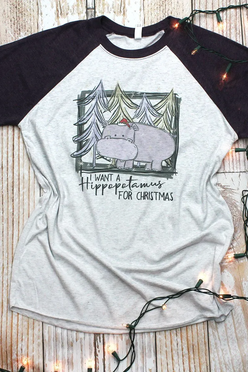 Hippo For Christmas Tri-Blend Unisex 3/4 Raglan