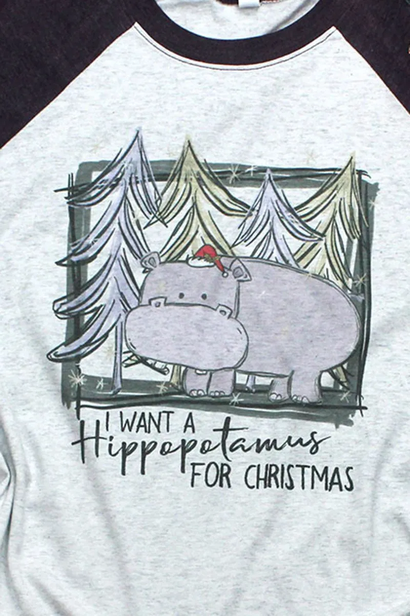 Hippo For Christmas Tri-Blend Unisex 3/4 Raglan