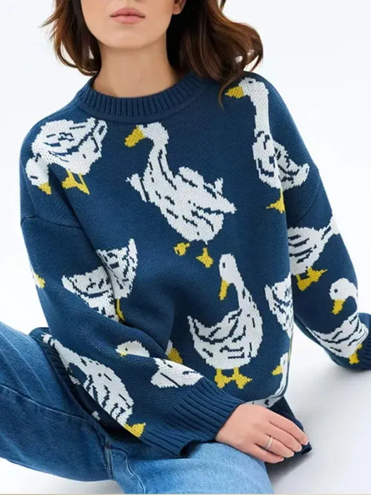 Joskaa Women's Knitted Contrasting Round Neck Casual Sweaters Fashion Printed Long Sleeved Pullovers Autumn Warm High Street Knitwears