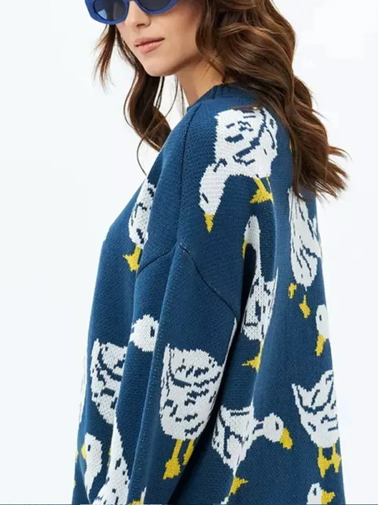 Joskaa Women's Knitted Contrasting Round Neck Casual Sweaters Fashion Printed Long Sleeved Pullovers Autumn Warm High Street Knitwears
