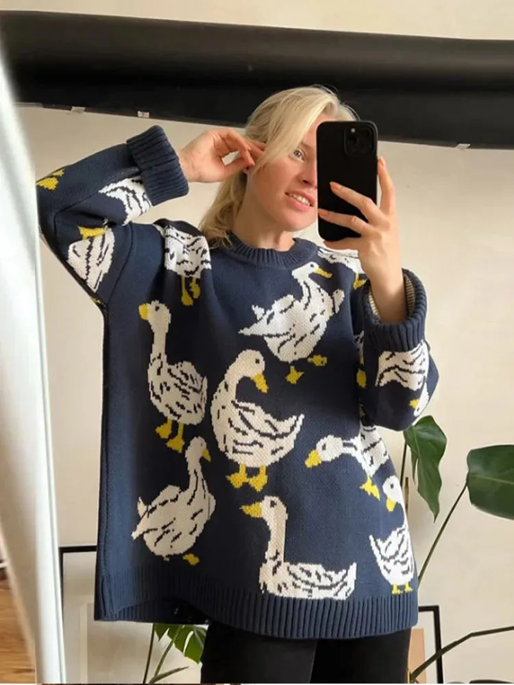 Joskaa Women's Knitted Contrasting Round Neck Casual Sweaters Fashion Printed Long Sleeved Pullovers Autumn Warm High Street Knitwears