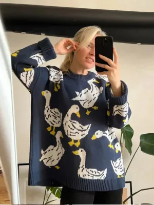 Joskaa Women's Knitted Contrasting Round Neck Casual Sweaters Fashion Printed Long Sleeved Pullovers Autumn Warm High Street Knitwears