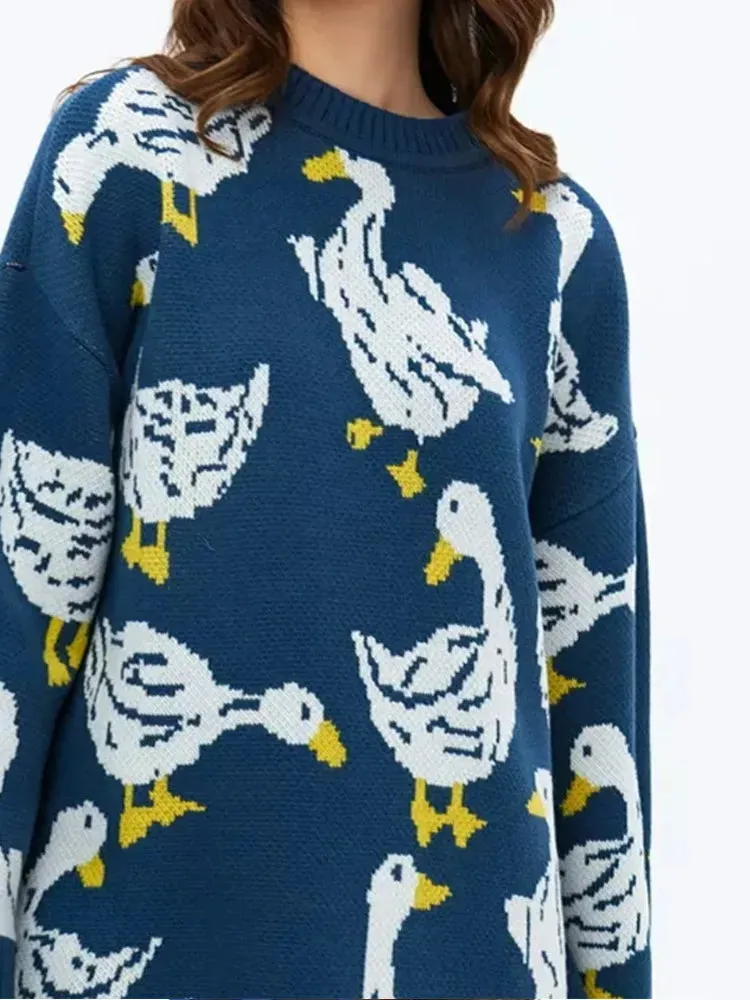 Joskaa Women's Knitted Contrasting Round Neck Casual Sweaters Fashion Printed Long Sleeved Pullovers Autumn Warm High Street Knitwears
