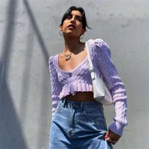 Joskaa Wsevypo Vintage Purple Ruffles Cropped Sweaters Sweet Women's Long Sleeve V Neck Twist Knit Jumpers Casual Party Warm Pullovers