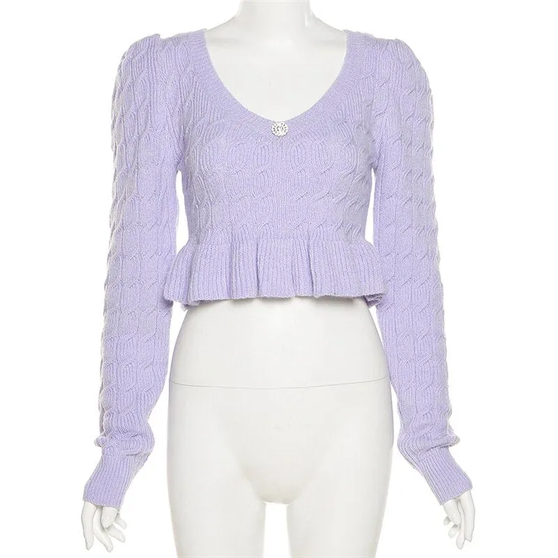 Joskaa Wsevypo Vintage Purple Ruffles Cropped Sweaters Sweet Women's Long Sleeve V Neck Twist Knit Jumpers Casual Party Warm Pullovers