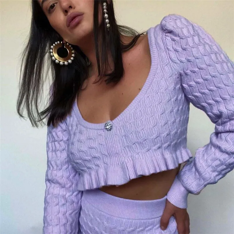 Joskaa Wsevypo Vintage Purple Ruffles Cropped Sweaters Sweet Women's Long Sleeve V Neck Twist Knit Jumpers Casual Party Warm Pullovers