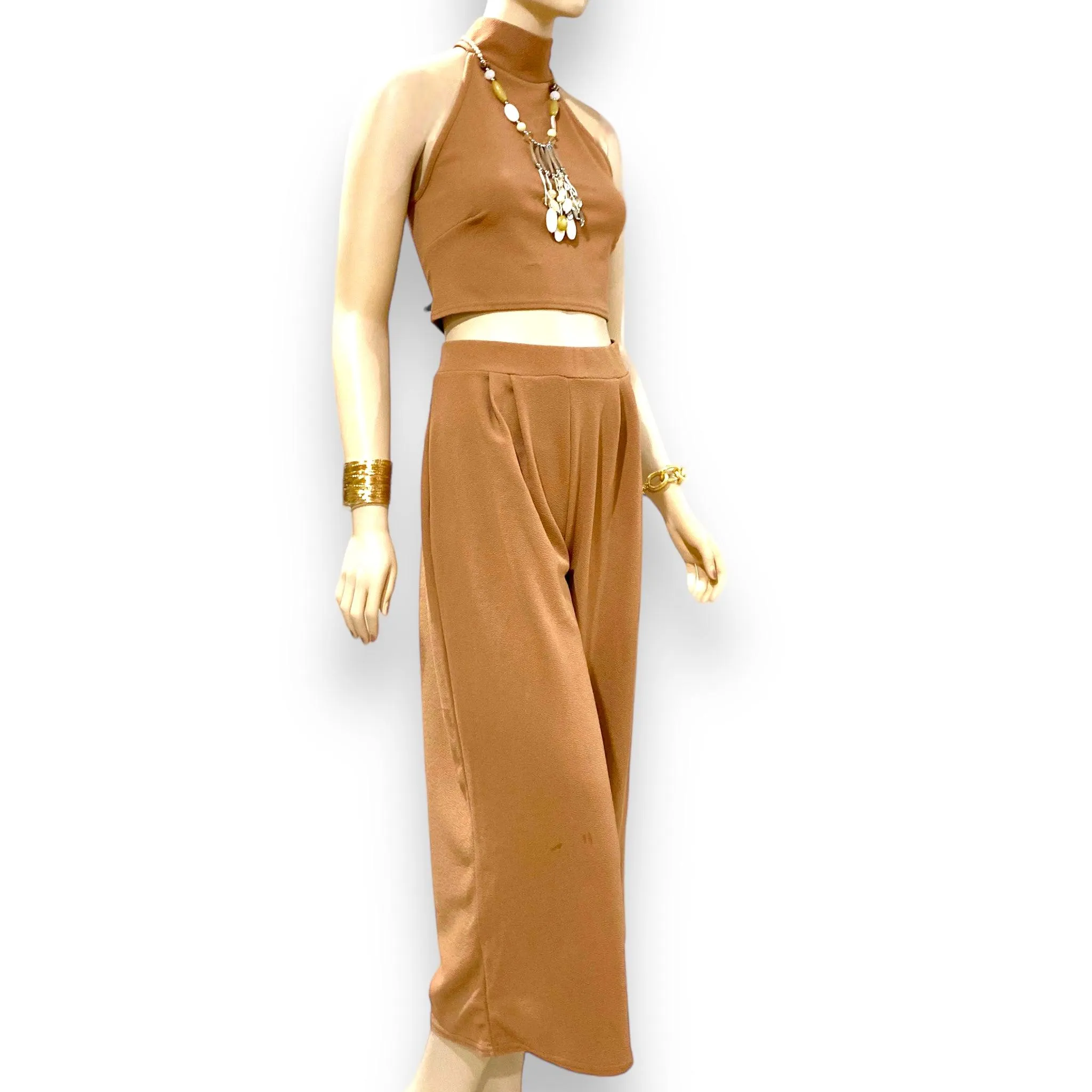Khaki Tan Crop Top & Wide Leg Pants Outfit