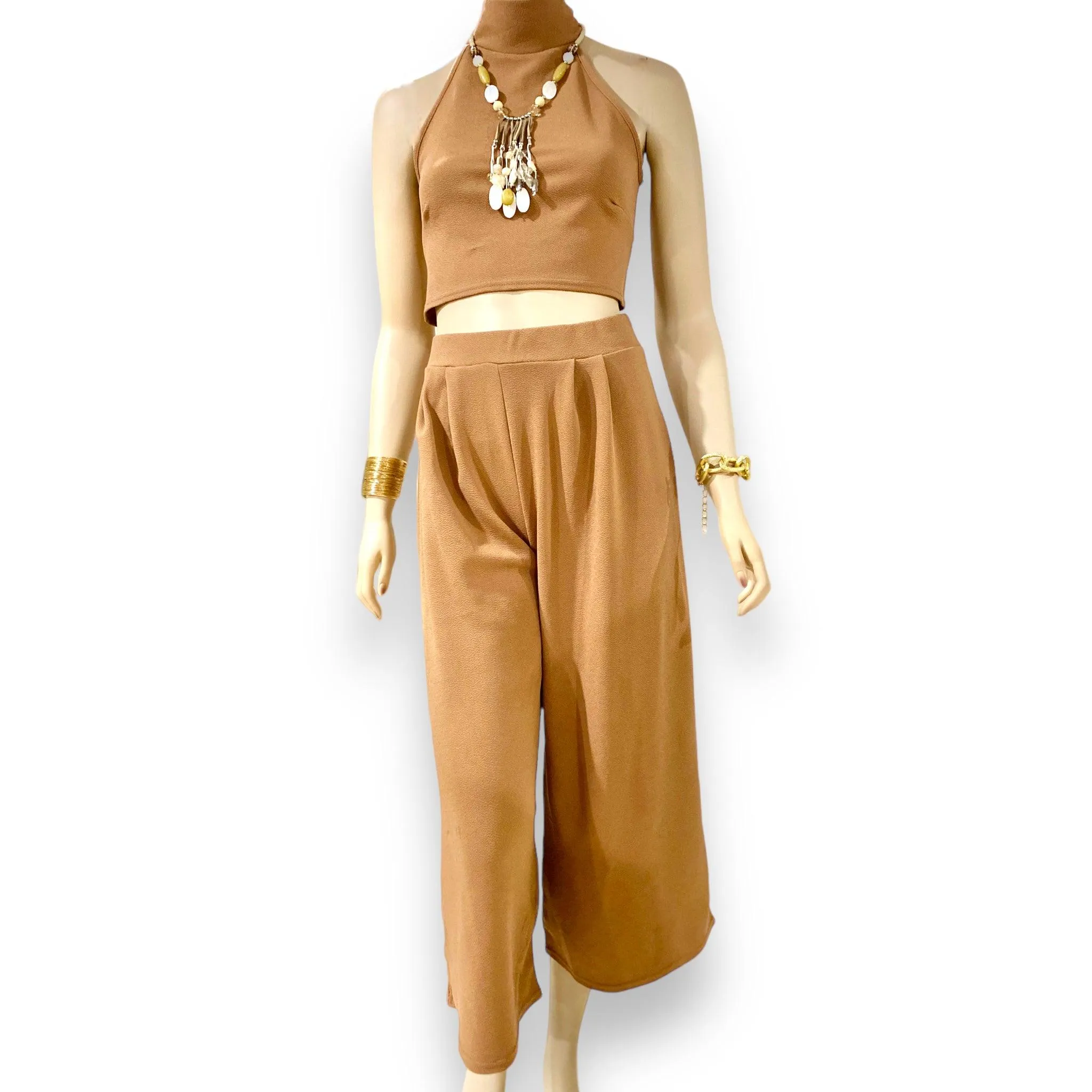 Khaki Tan Crop Top & Wide Leg Pants Outfit