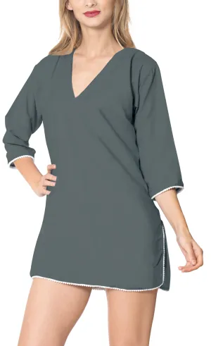 LA LEELA Bikini Swimwear Swimsuit Beach Cardigan Cover-ups Women Dresses Solid OSFM 10-14 [ L] Grey_B491
