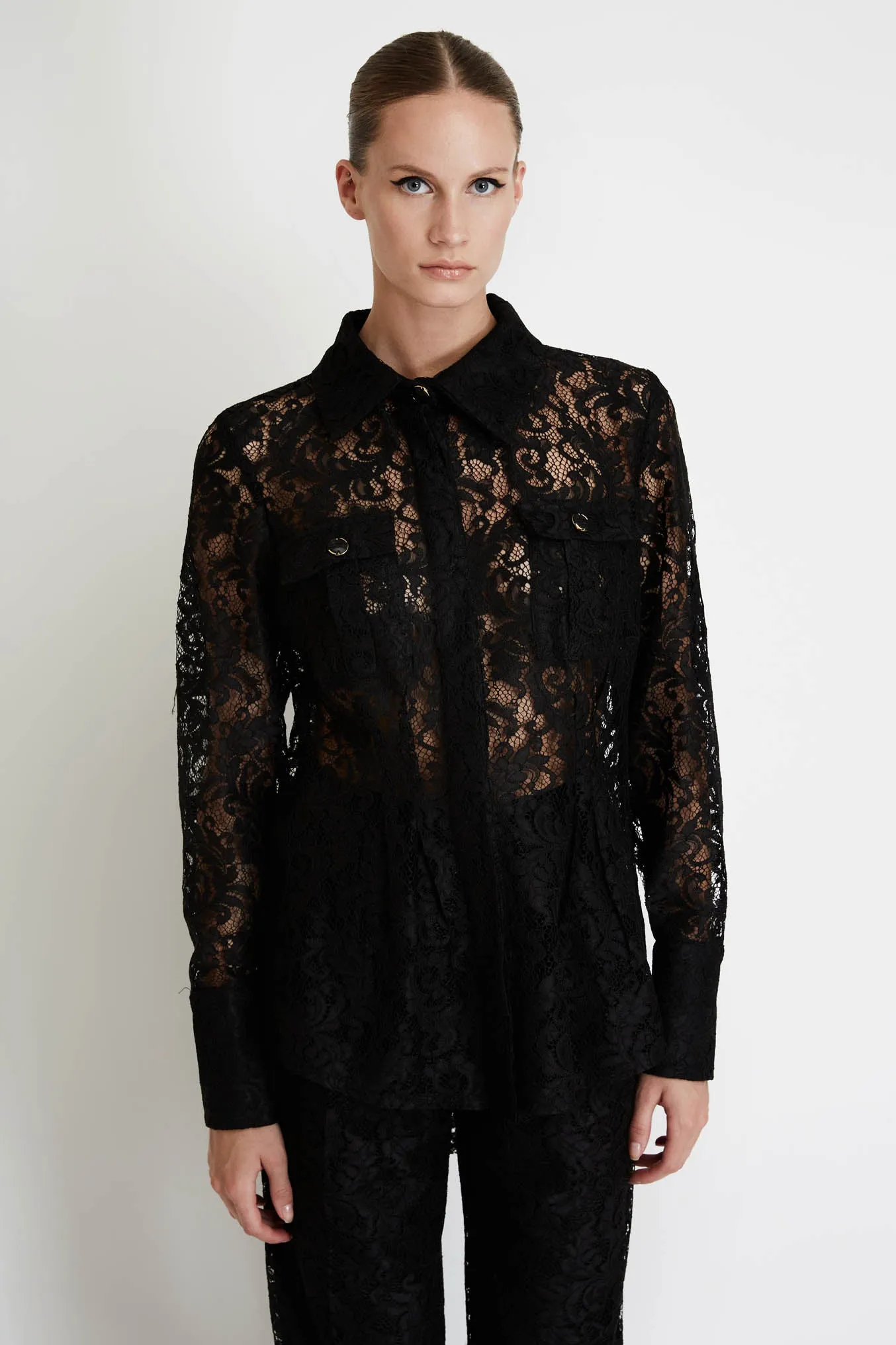 Lace Shirt with Pockets in Black