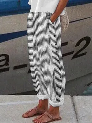 Lacey Loose Buttoned Pockets Striped Pants Trousers