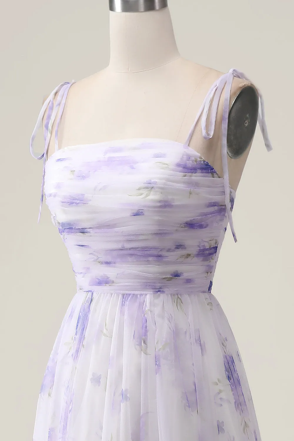 Lavender Flower A Line Spaghetti Straps Print Pleated Long Maxi Dress