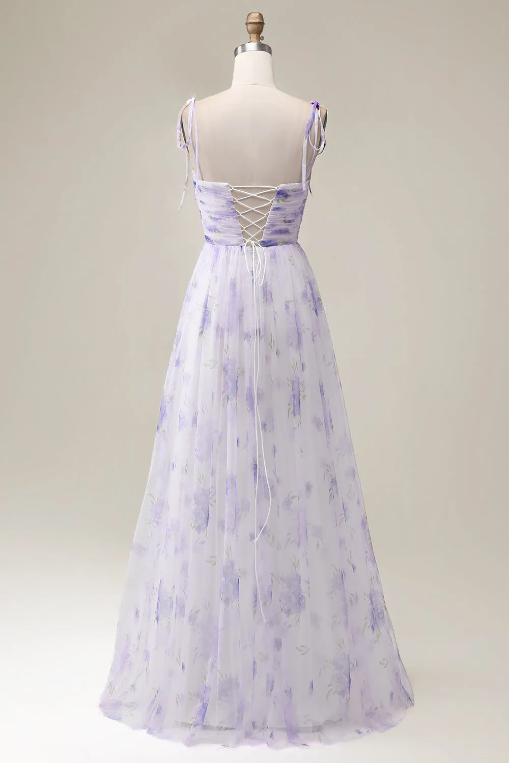 Lavender Flower A Line Spaghetti Straps Print Pleated Long Maxi Dress