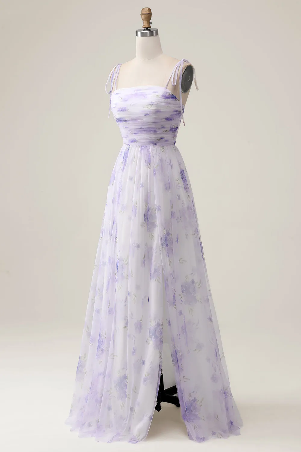 Lavender Flower A Line Spaghetti Straps Print Pleated Long Maxi Dress