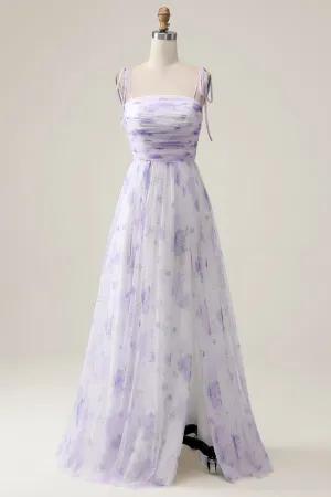 Lavender Flower A Line Spaghetti Straps Print Pleated Long Maxi Dress