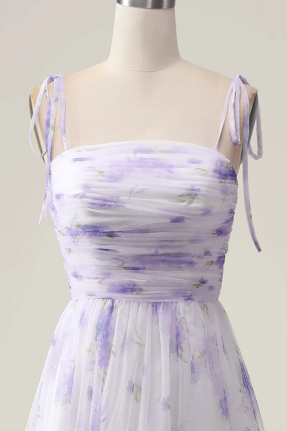 Lavender Flower A Line Spaghetti Straps Print Pleated Long Maxi Dress