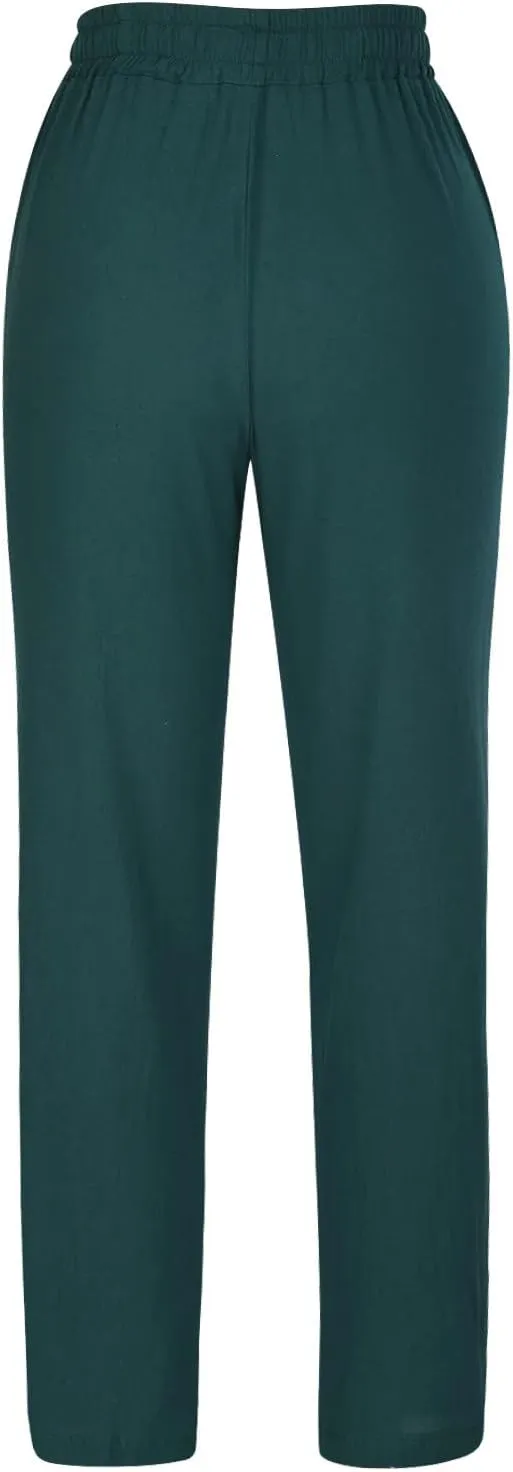 Linen Blend Pants for Women Plus Size Straight Leg Lounge Pants Elastic Waist Trousers Drawstring Vacation Pants