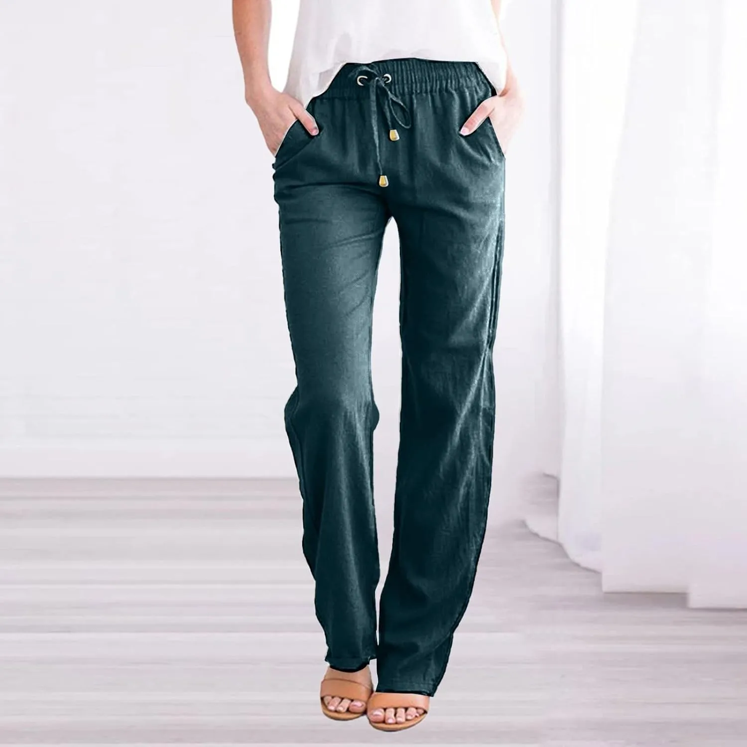 Linen Blend Pants for Women Plus Size Straight Leg Lounge Pants Elastic Waist Trousers Drawstring Vacation Pants
