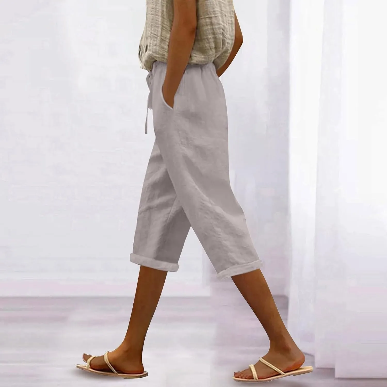 Linen Pants Women Capri Casual Loose Elastic Drawstring Straight Cropped Trousers Summer Beach Travel Vacation