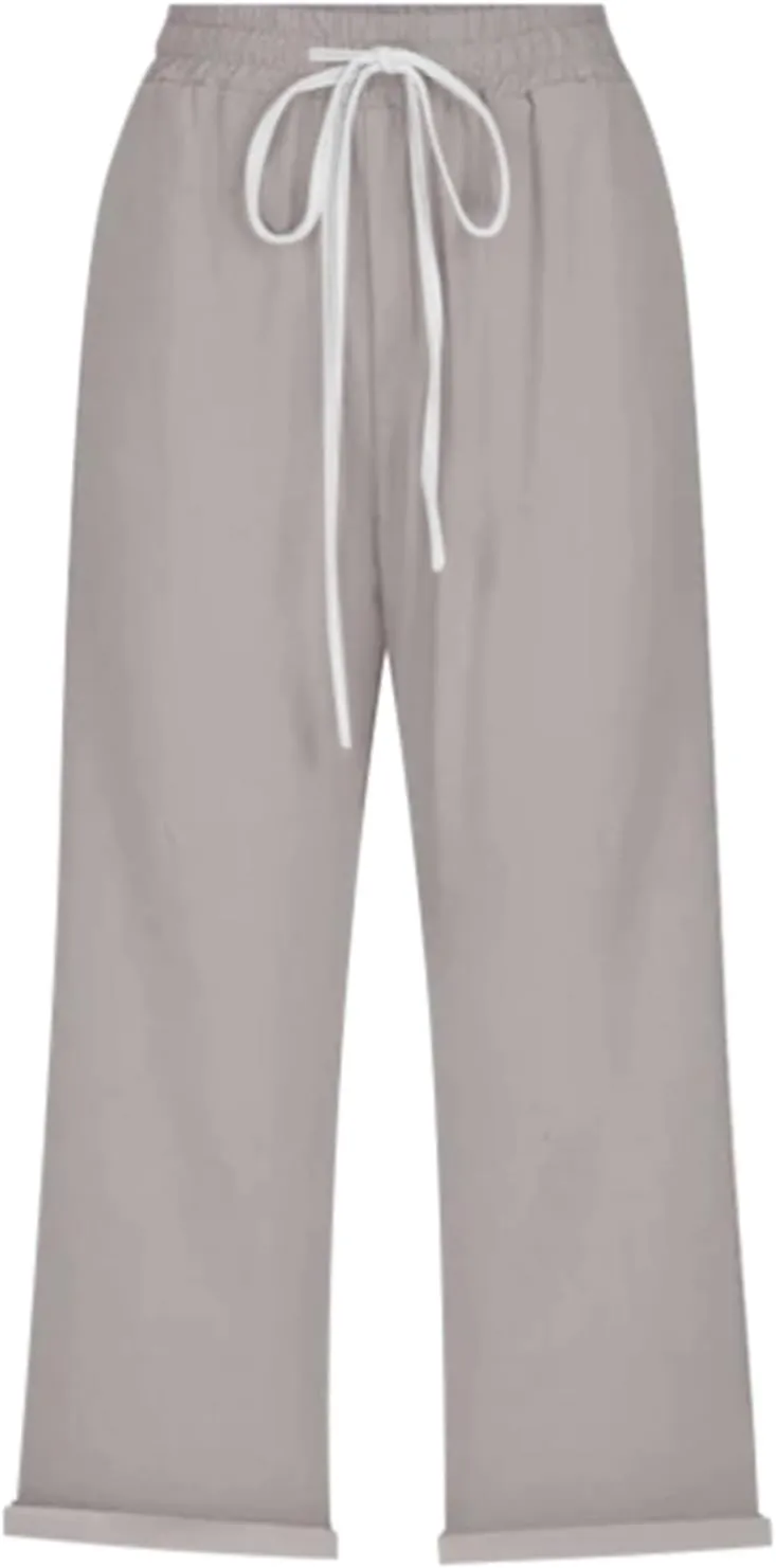 Linen Pants Women Capri Casual Loose Elastic Drawstring Straight Cropped Trousers Summer Beach Travel Vacation