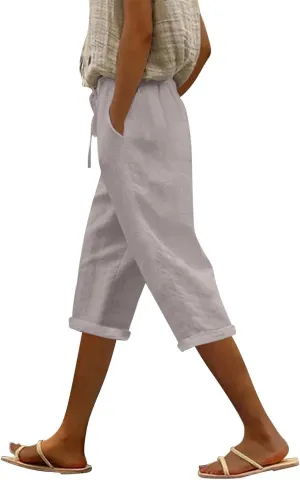 Linen Pants Women Capri Casual Loose Elastic Drawstring Straight Cropped Trousers Summer Beach Travel Vacation