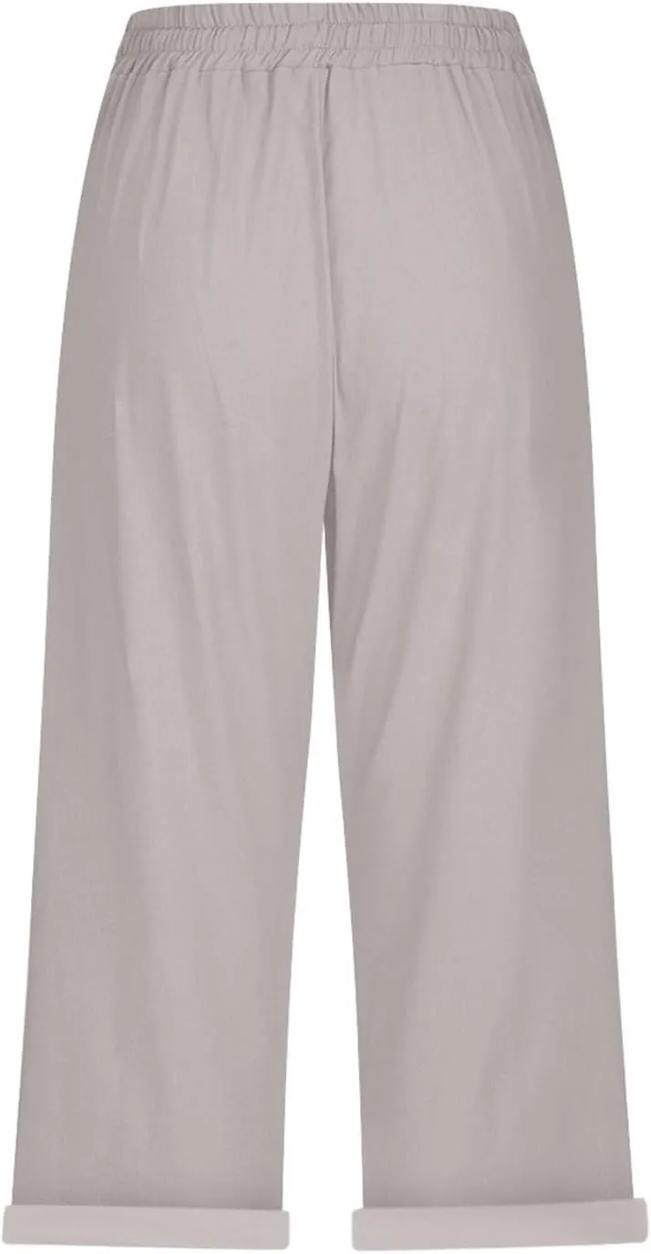 Linen Pants Women Capri Casual Loose Elastic Drawstring Straight Cropped Trousers Summer Beach Travel Vacation