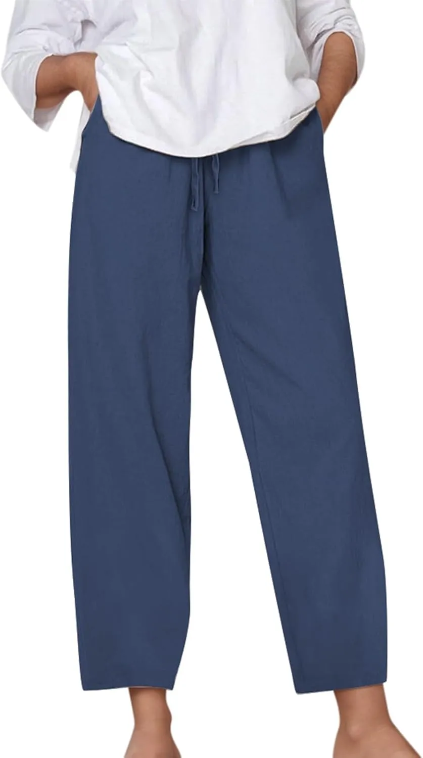 Linen Pants Women Loose Fit Summer Casual Solid Color Boho Plus Size High Waist Linen Pants Cotton Comfy Lounge Trousers