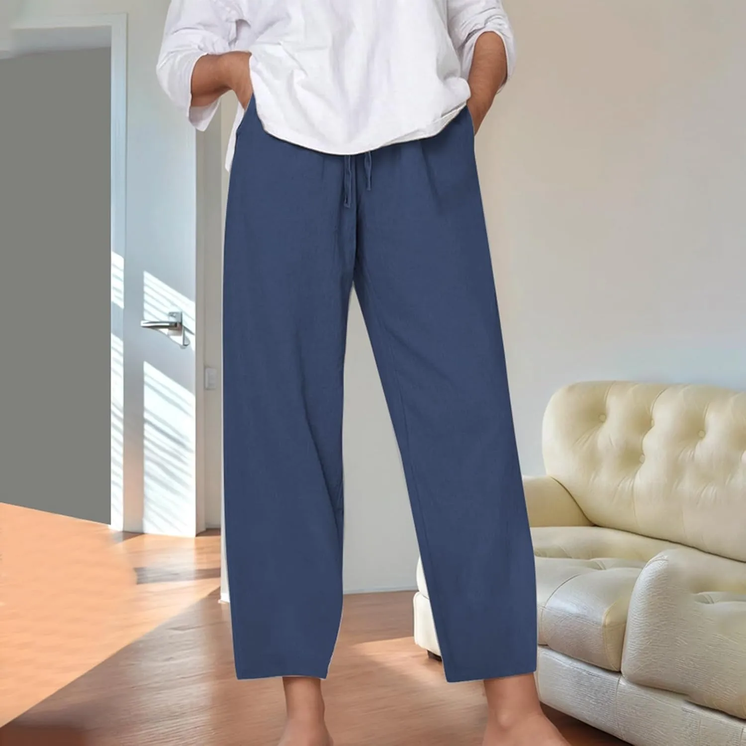 Linen Pants Women Loose Fit Summer Casual Solid Color Boho Plus Size High Waist Linen Pants Cotton Comfy Lounge Trousers
