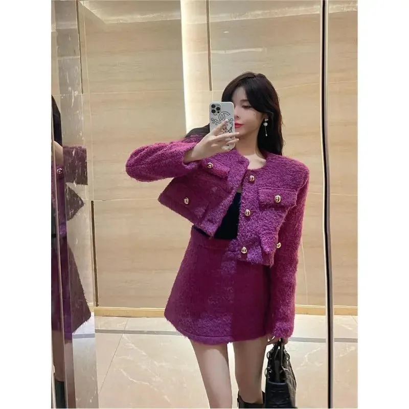 LVSANW Insozkdg Elegant Socialite Style Women's Short Skirt Suits 2025 Autumn Winter Plush Cloth Coat Top   A-line Skirt Two-piece Set