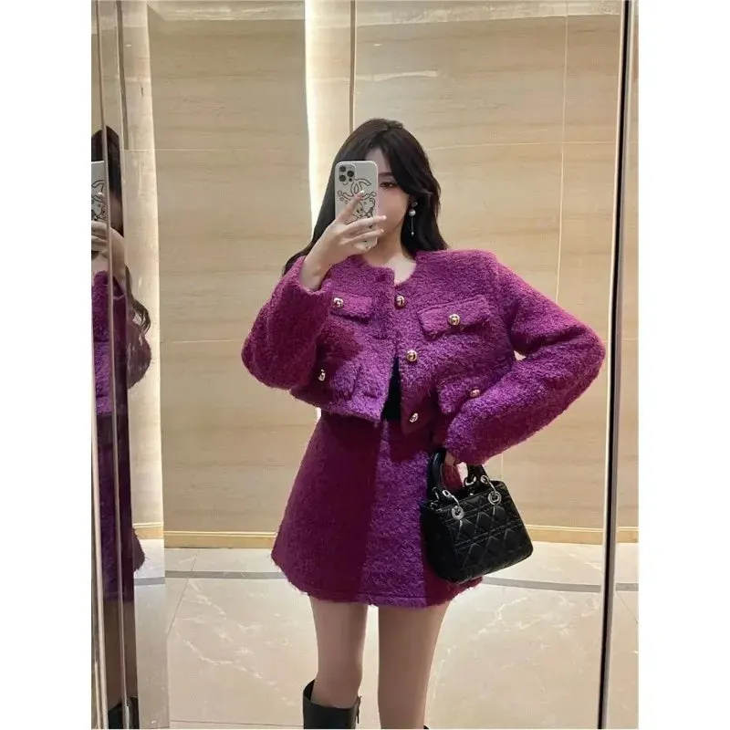 LVSANW Insozkdg Elegant Socialite Style Women's Short Skirt Suits 2025 Autumn Winter Plush Cloth Coat Top   A-line Skirt Two-piece Set