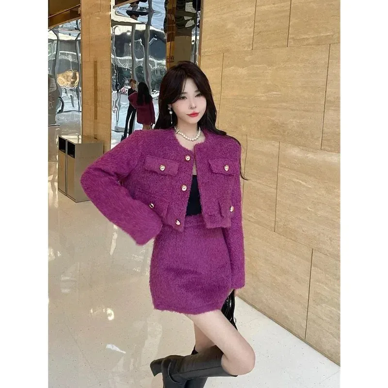 LVSANW Insozkdg Elegant Socialite Style Women's Short Skirt Suits 2025 Autumn Winter Plush Cloth Coat Top   A-line Skirt Two-piece Set