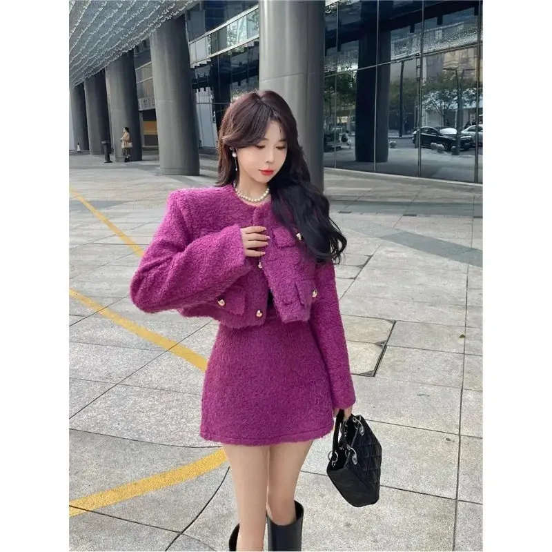 LVSANW Insozkdg Elegant Socialite Style Women's Short Skirt Suits 2025 Autumn Winter Plush Cloth Coat Top   A-line Skirt Two-piece Set