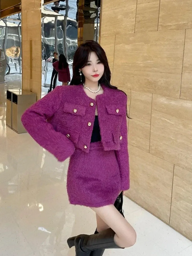 LVSANW Insozkdg Elegant Socialite Style Women's Short Skirt Suits 2025 Autumn Winter Plush Cloth Coat Top   A-line Skirt Two-piece Set
