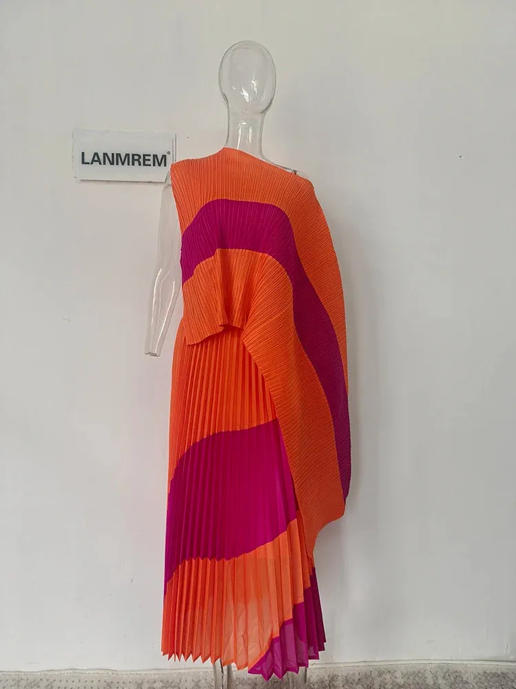 LVSANW LANMREM 2 Pieces Pleated Set Women Irregular Print Color Block Shirt With Long Skirts Female Fashion Clothing 2025 New 2DA3805