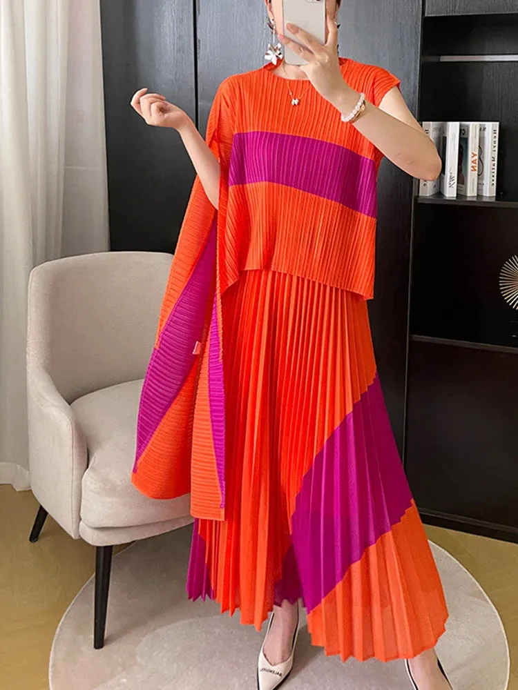 LVSANW LANMREM 2 Pieces Pleated Set Women Irregular Print Color Block Shirt With Long Skirts Female Fashion Clothing 2025 New 2DA3805