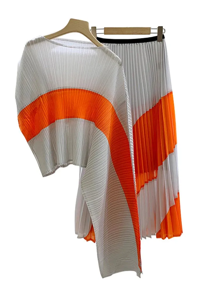 LVSANW LANMREM 2 Pieces Pleated Set Women Irregular Print Color Block Shirt With Long Skirts Female Fashion Clothing 2025 New 2DA3805