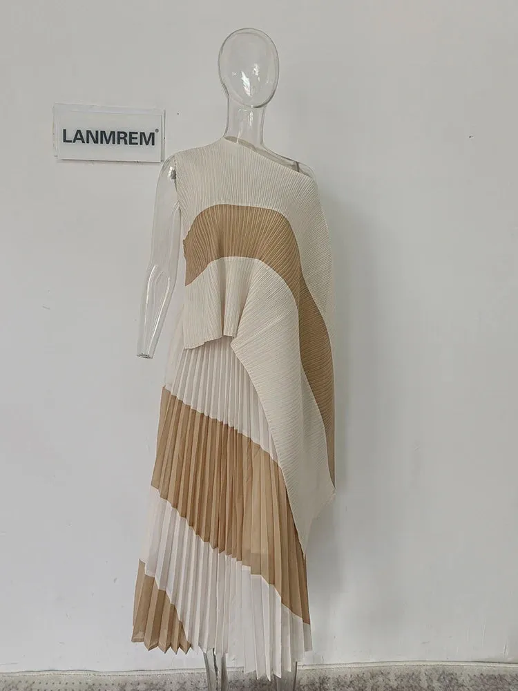 LVSANW LANMREM 2 Pieces Pleated Set Women Irregular Print Color Block Shirt With Long Skirts Female Fashion Clothing 2025 New 2DA3805