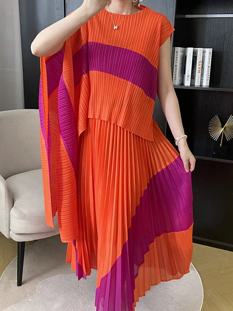 LVSANW LANMREM 2 Pieces Pleated Set Women Irregular Print Color Block Shirt With Long Skirts Female Fashion Clothing 2025 New 2DA3805
