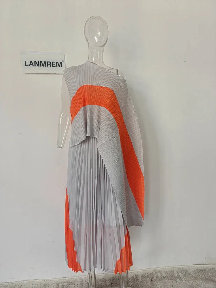 LVSANW LANMREM 2 Pieces Pleated Set Women Irregular Print Color Block Shirt With Long Skirts Female Fashion Clothing 2025 New 2DA3805