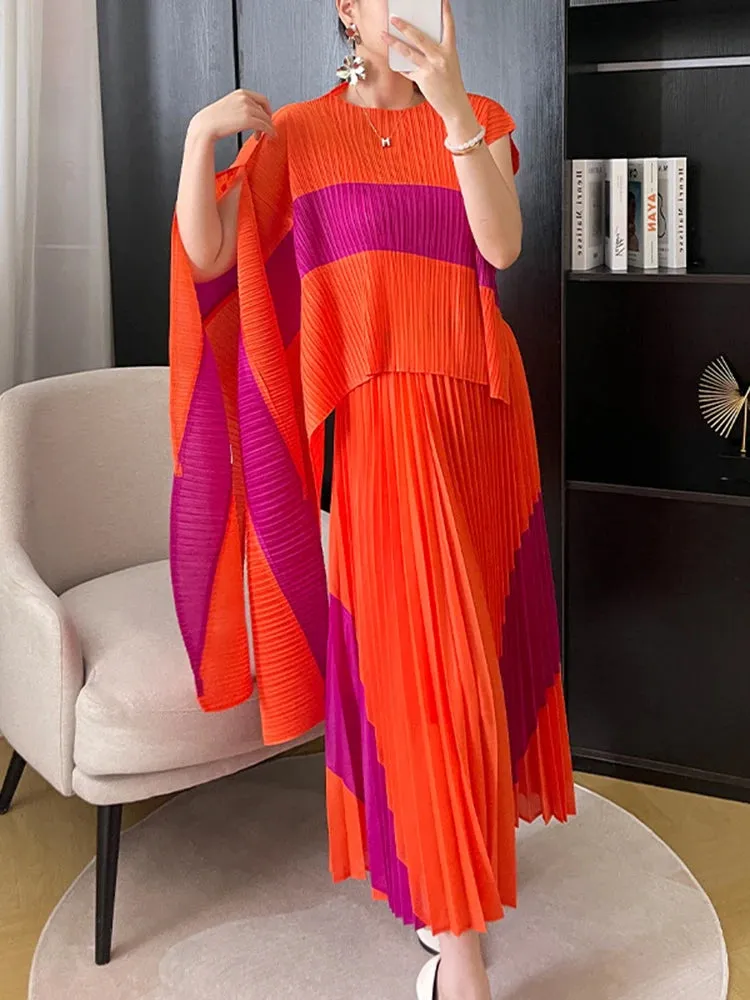 LVSANW LANMREM 2 Pieces Pleated Set Women Irregular Print Color Block Shirt With Long Skirts Female Fashion Clothing 2025 New 2DA3805