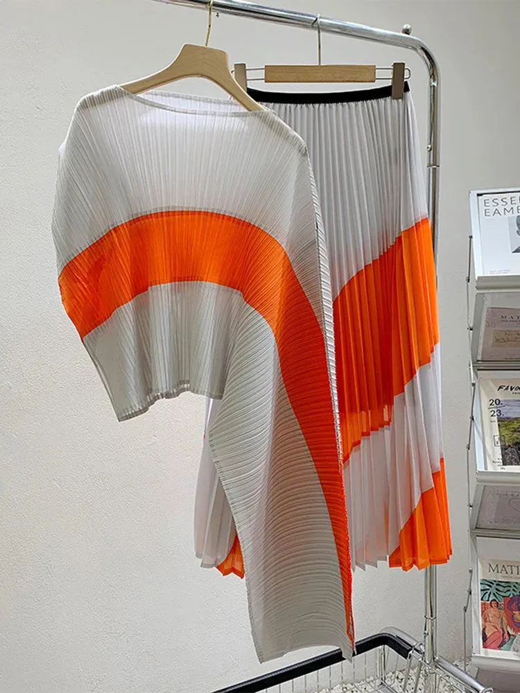 LVSANW LANMREM 2 Pieces Pleated Set Women Irregular Print Color Block Shirt With Long Skirts Female Fashion Clothing 2025 New 2DA3805