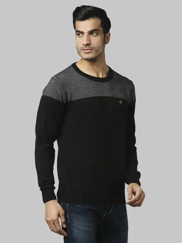 Men Grey Jacquard Acrylic Wool Blend Round Collar Sweaters
