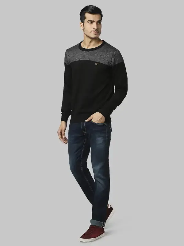Men Grey Jacquard Acrylic Wool Blend Round Collar Sweaters
